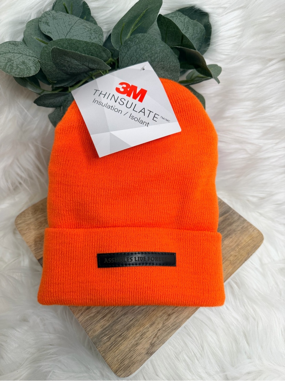 3M Thinsulate Orange Knit Beanie with A$$holes live forever patch
